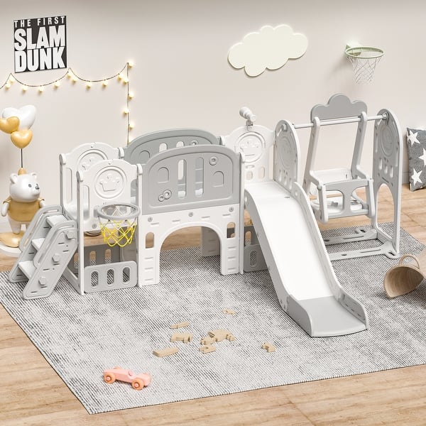 slide 2 of 22, Toddler Slide, 11 in 1 Baby Slide Playground with Basketball Hoop and Extra long aisle, Strong swing, Easy Assembly Playset Grey+Ivory