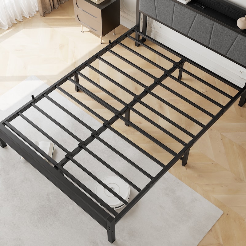 Queen Platform Bed with Upholstered Headboard, Built-in USB Ports & Outlets, Storage Shelf, Metal Frame with Under-Bed Space