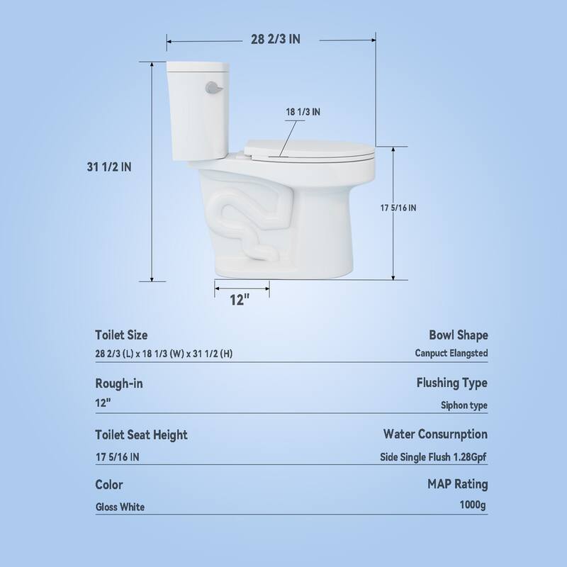 Anmytek Two Piece Toilet Tornado Flush 1.28 GPF ADA 17 Inch Soft Closing Seat Rimless Bowl 12 Inch S Trap Side Press