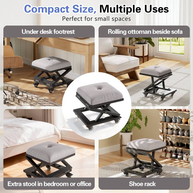 Javlergo Black Adjustable Height Folding Stool with Wheels Grey Fabric Ottoman Portable Metal Footstool for Indoor Outdoor Use