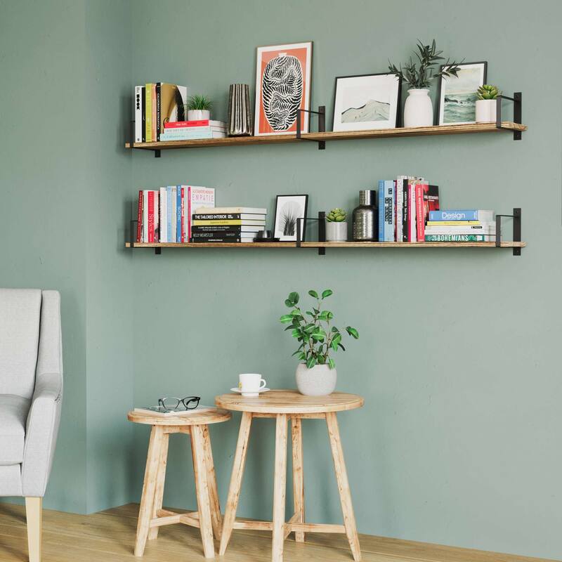 Wallniture Toledo 60"x6" Wood Floating Shelves, Wall Bookshelf, Rustic Floating Shelf (Set of 2)