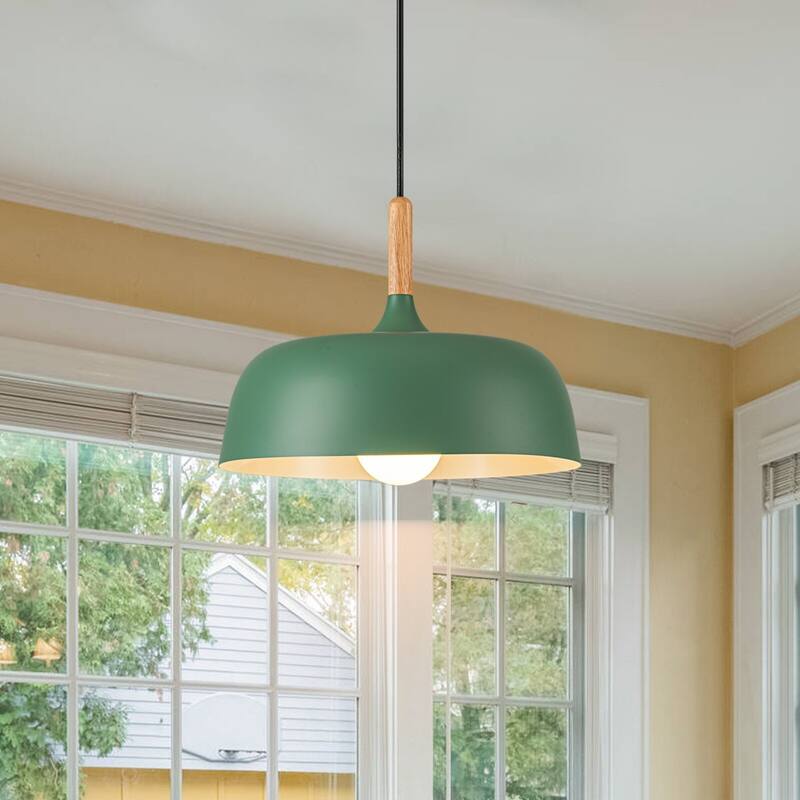 Modern 1-Light Green Dome Pendant Light with Decorative Wood Accent