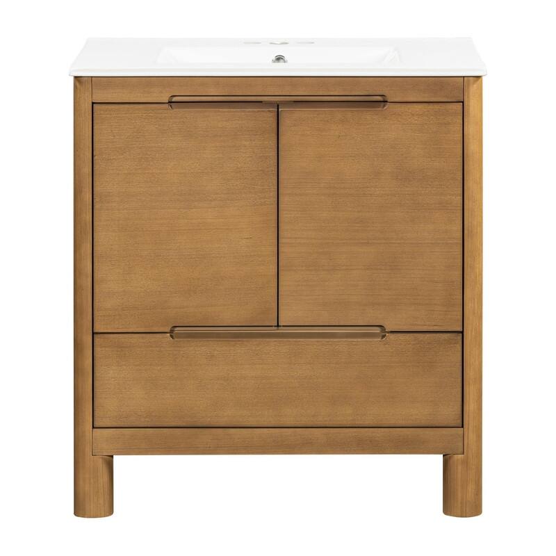 30 Inch Modern Bathroom Vanity with Ceramic Sink, Natural Wood Grain Cabinet, Solid Wood Frame
