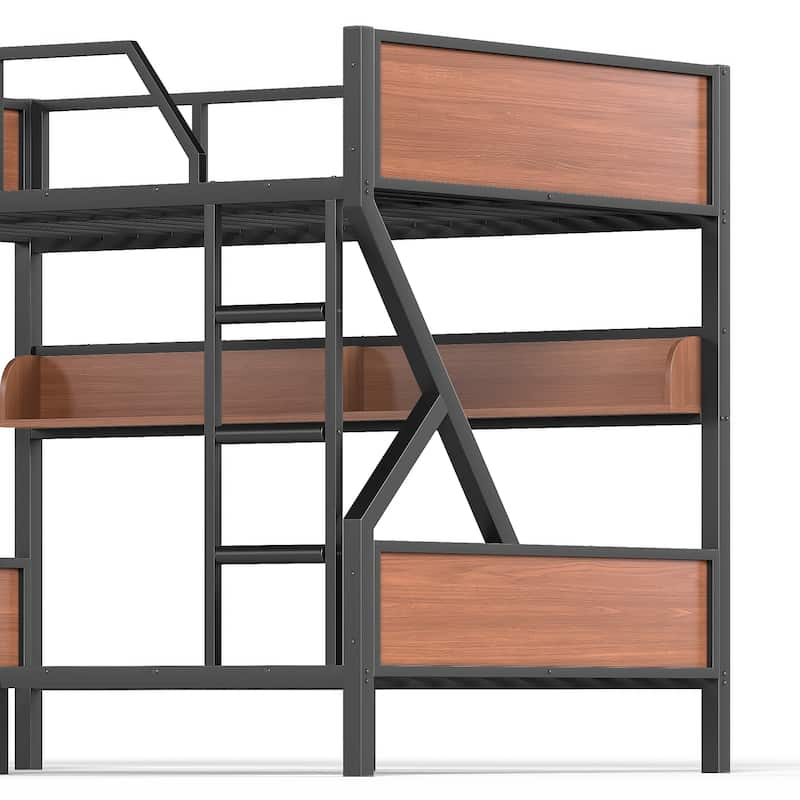 Full over Full Bunk Bed, Metal Bunk Bed with Storage Shelves and Lights, Space-saving & Noise-free Design, Black