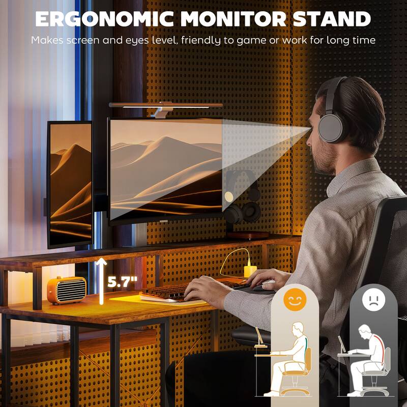 Particleboard and Steel Desk with RGB Lights Monitor Stand Shelves