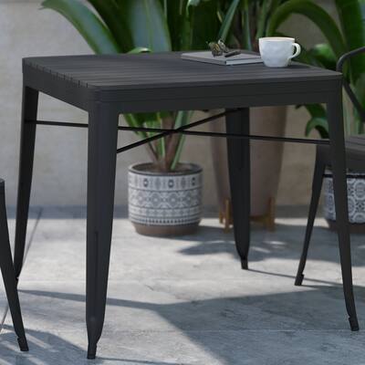 Indoor/Outdoor Commercial Steel Patio Table with Poly Resin Slatted Top - 31.5"W x 31.75"D x 28.25"H