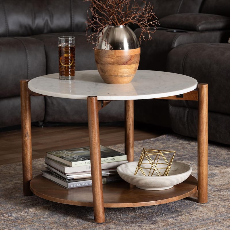 Quindalyn Round Marble Coffee Table - Modern Accent Table with Mango Wood Frame and Open Shelf Storage
