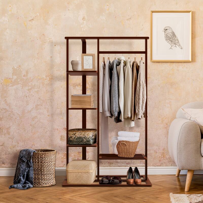 Bamboo Wooden Garment Rack Freestanding Closet Organizers - 39.8x16.1x67.3 inch - Brown - 39.8x16.1x67.3 inch