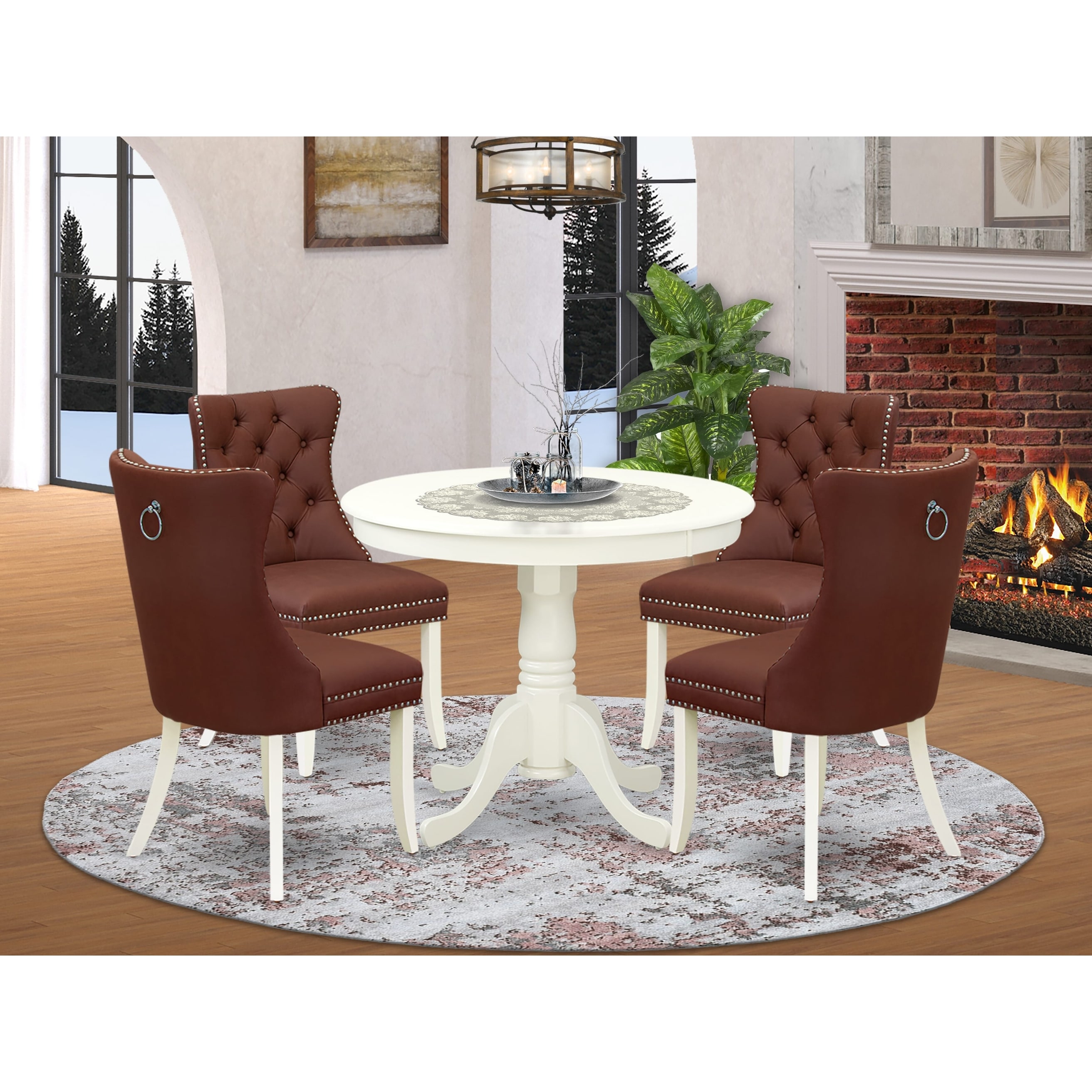 East West Furniture Dining Table Set Includes a Round Dining Table and Upholstered Chairs, Linen White (Pieces Options)