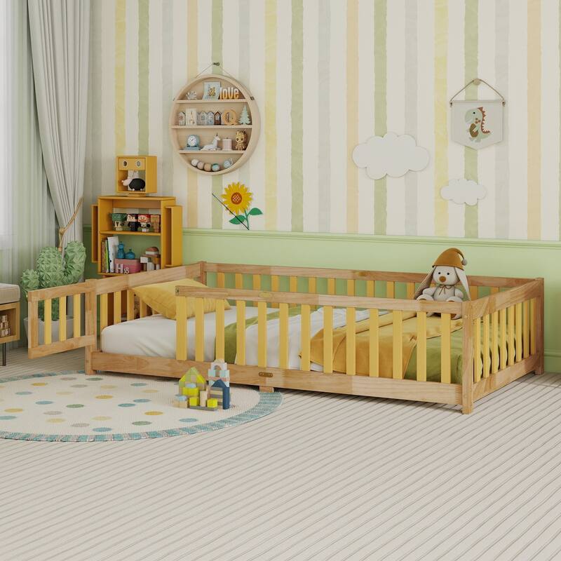 Twin Size Natural Rubber Wood Floor Bed with Safety Fence and Door