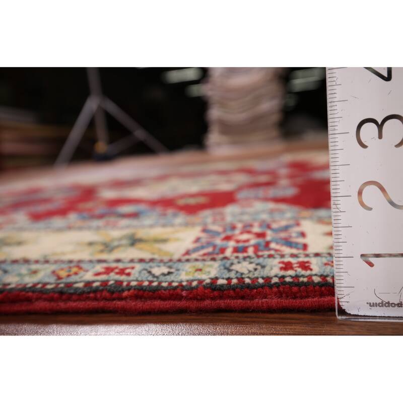 Red Geometric Kazak Accent Rug Handmade Traditional Wool Carpet - 3'5" x 5'0"
