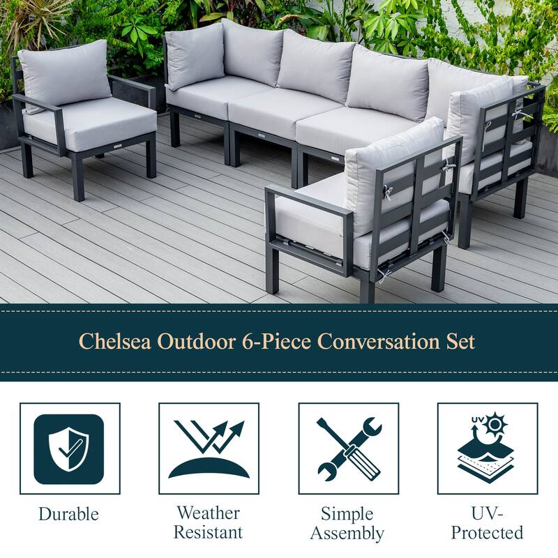 Chelsea 6-Piece Outdoor Patio Sectional Set in Black Aluminum with Removable Cushions for Backyard Garden and Patio Deck