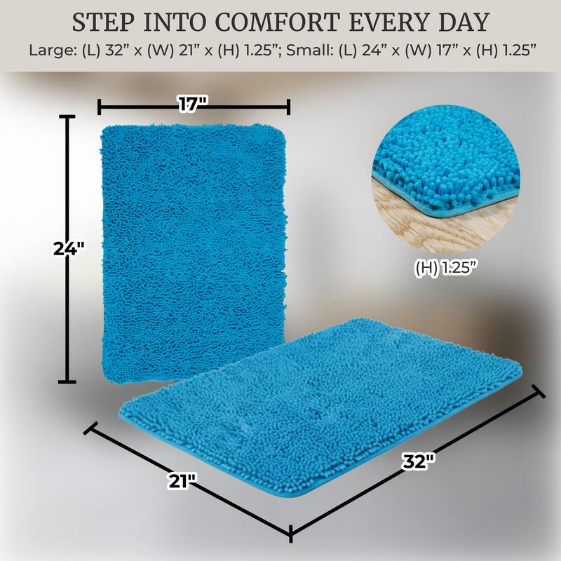 Bathroom Rugs - 2-Piece Memory Foam Bathroom Set with Chenille Shag Top and Non-Slip Base by Windsor Home