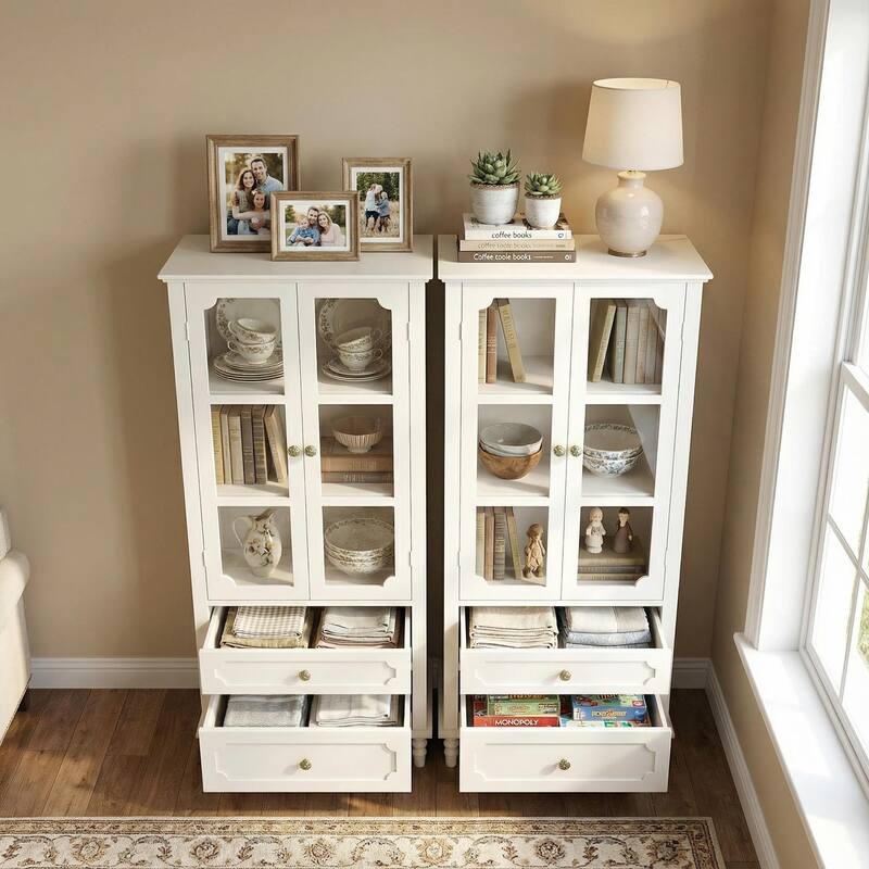 Homy Casa Minimalist Buffet Cabinet with Glass Doors & Drawer, Storage Sideboard, Kitchen Living & Dining Room Hallway Entryway