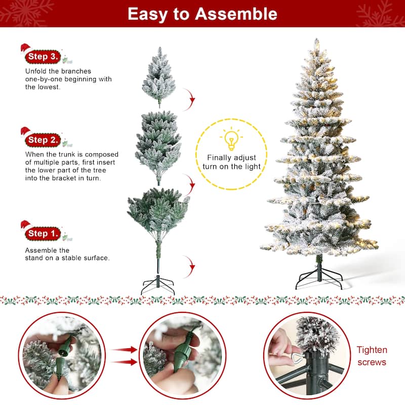 Glitzhome 6FT/7.5FT/9FT/11FT Snow Flocked Pre-lit Artificial Fir Christmas Trees