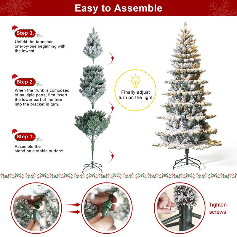 Glitzhome 6FT/7.5FT/9FT Warm White or Multi-Colored Pre-Lit Flocked Pine Artificial Christmas Tree