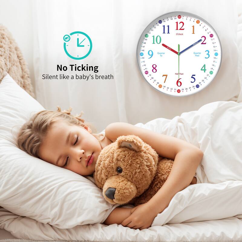 Silent Wall Clock, Non Ticking, Battery-Powered, Ideal for Teaching Time and Stylish Decor in Room, Classroom, School 12 Inch