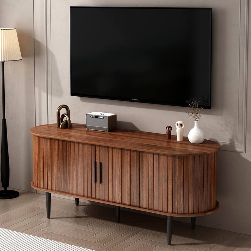 TV Stand, 47" Modern TV Console Table with Storage Compartment and Sliding Door, Gaming Entertainment Center with Cabinet - Walnut