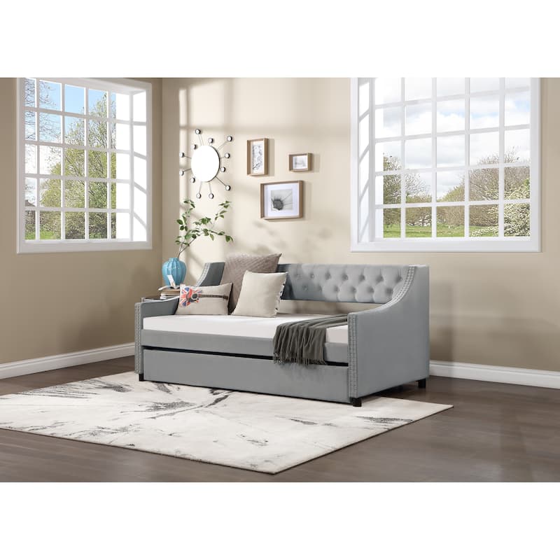 Light Gray Twin Size Modern Upholstered Tufted Daybed with Trundle