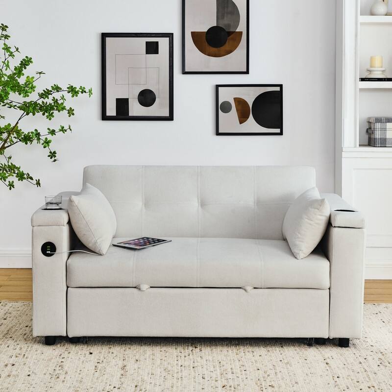 54"W Modern Chenille Sleeper Sofa,Sofa Bed with Storage Armrests and Side Pockets, Adjustable Backrest and Lumbar Pillow