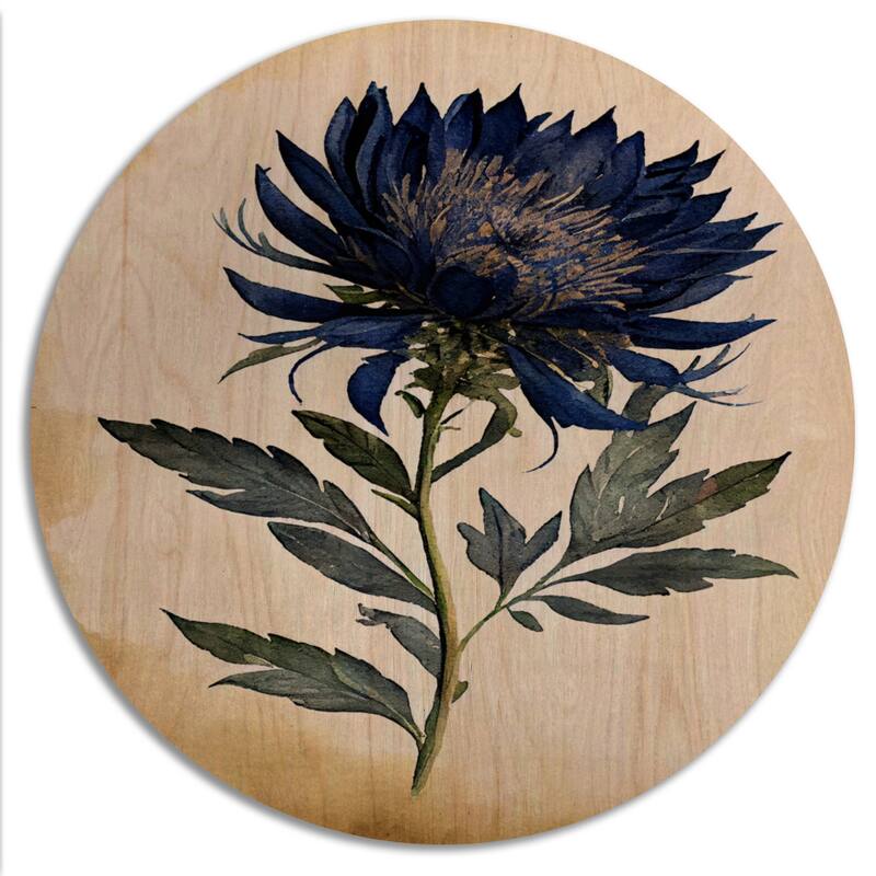 Designart "Blossoming Blue Retro Flower II" Floral Wood Wall Art - Natural Pine Wood