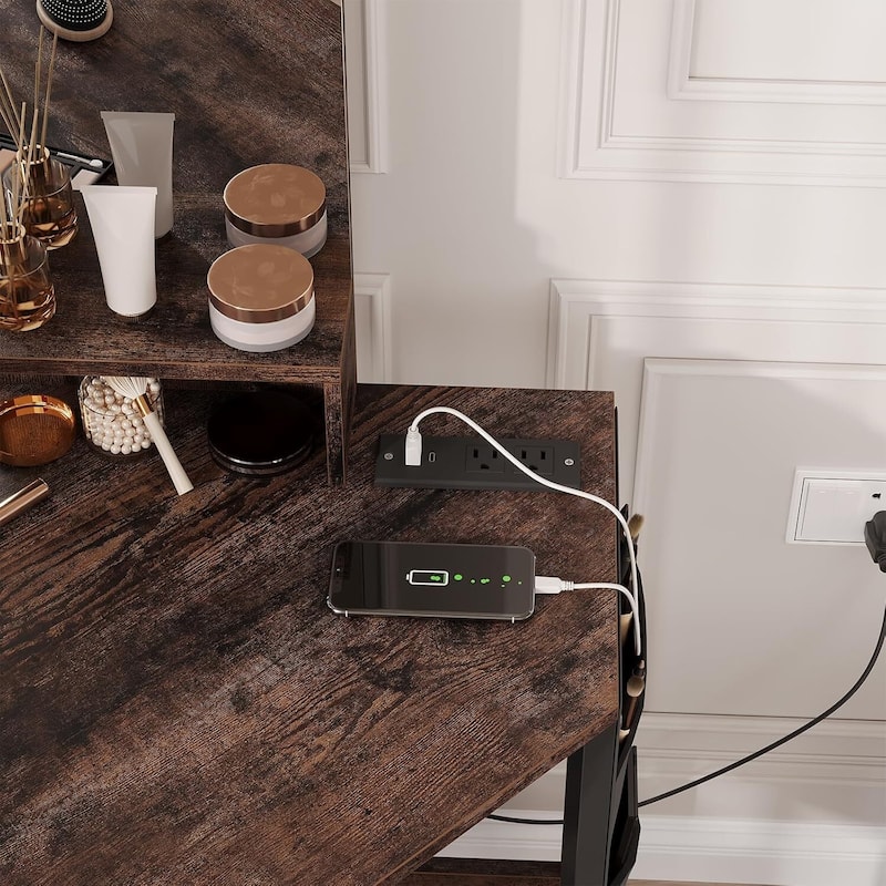 Corner Vanity Desk and Stool, Makeup Dressing Table Set with Light Mirror