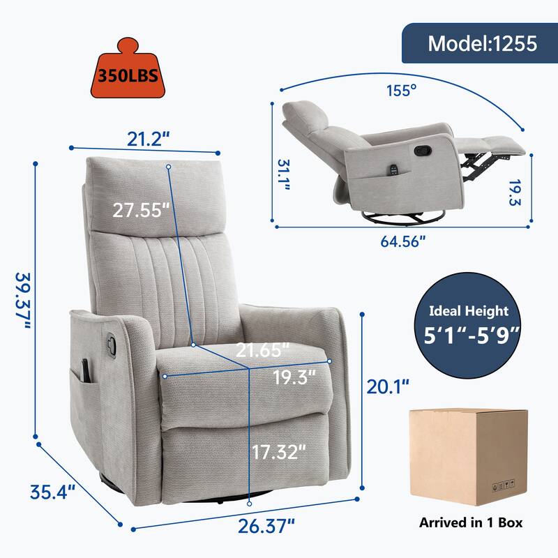 Swivel Recliner Chair with Heat & Massage, Heavy Duty Manual Recliner Chair, Glider Rocker Chair with Side Pocket - Light Gray