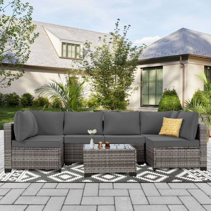 7-PC Wicker Patio Conversation Set with Brown Cushions, 6 sofas, 1 table