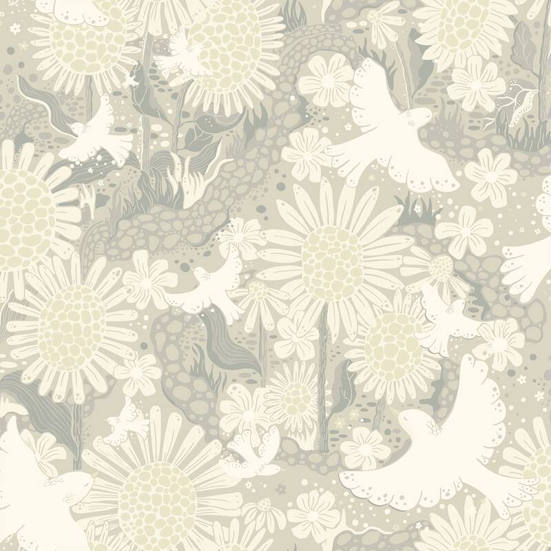 A-Street Prints Dromma Light Grey Songbirds and Sunflowers Wallpaper