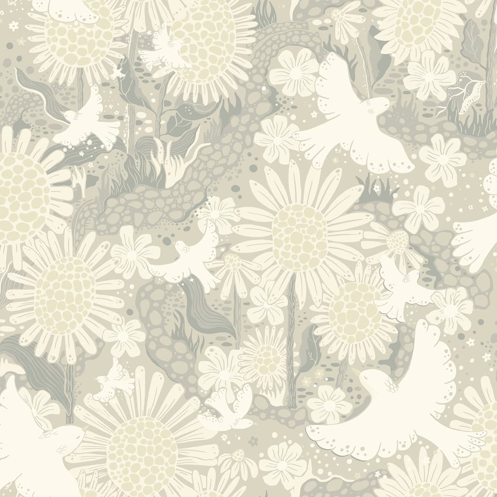 A-Street Prints Dromma Light Grey Songbirds and Sunflowers Wallpaper
