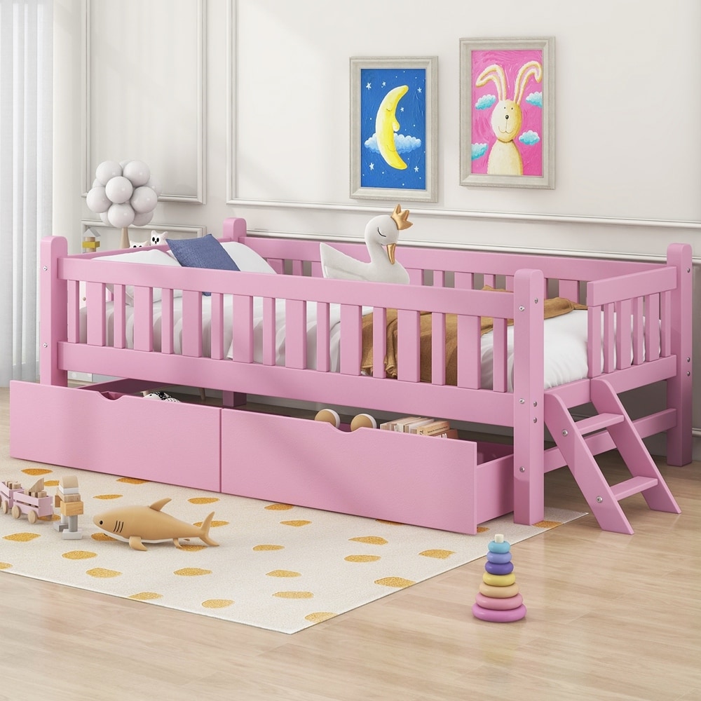 Wood Twin Size Platform Bed with Guardrail and 2 Drawers