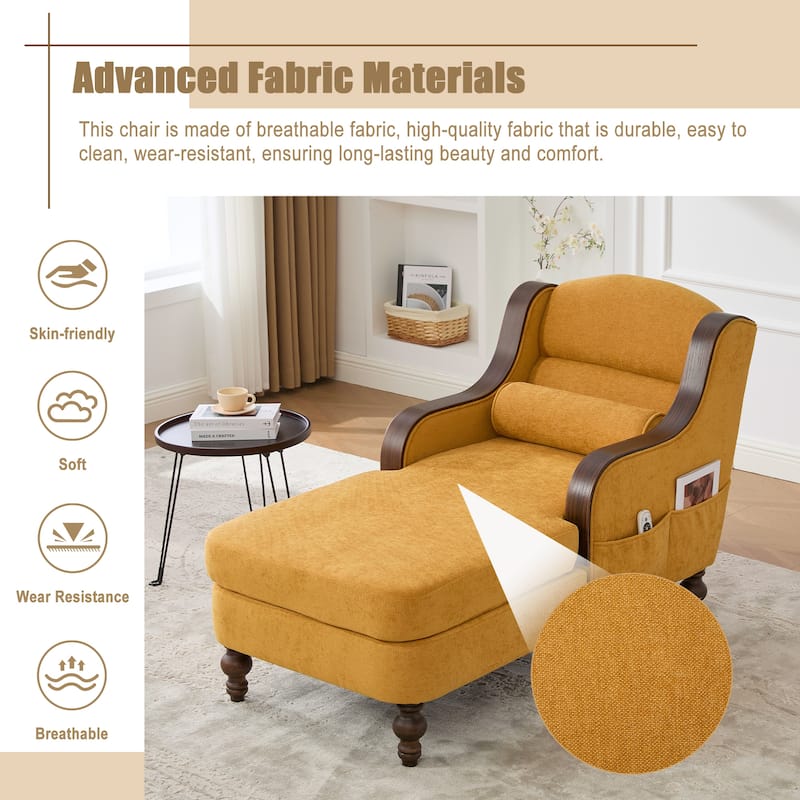 Ergonomic Chaise Lounge Indoor Chenille Single Lazy Sleeper Sofa Bed with Side Pockets, Solid Wood Armrests and Foots