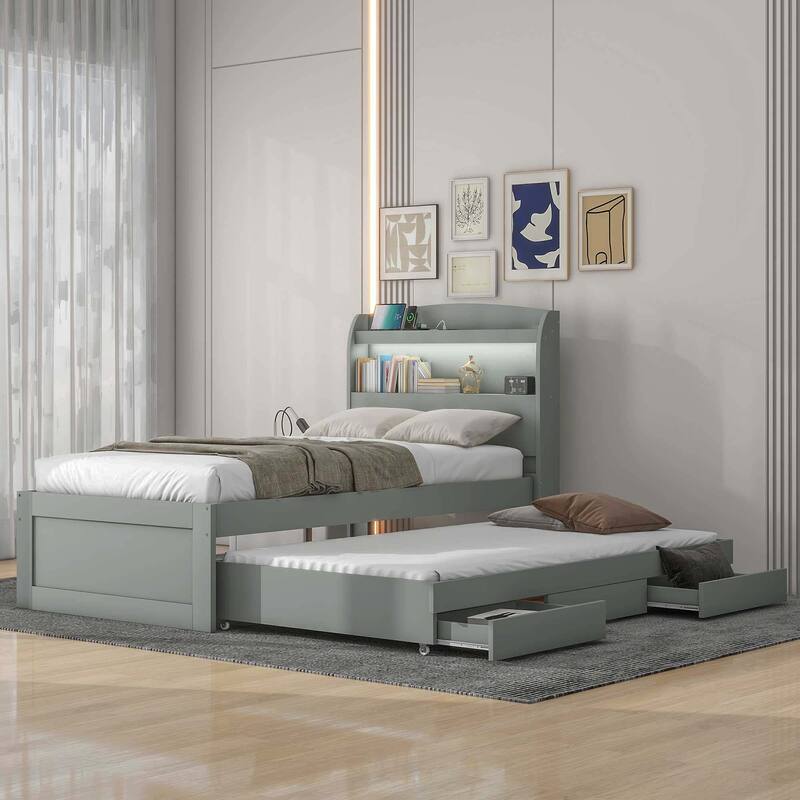 Twin XL Size Platform Bed with Storage LED Headboard, Charging Station