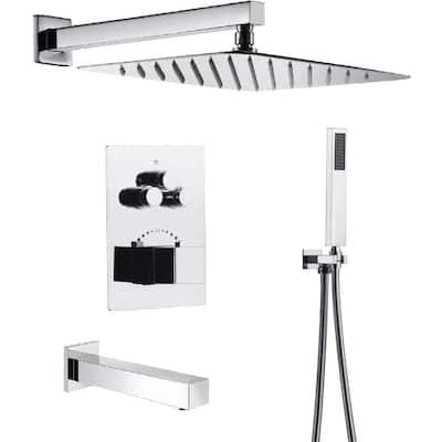 Chrome Wall Mount 12" Rainfall Shower Head 3 Way Thermostatic Shower Faucet Set