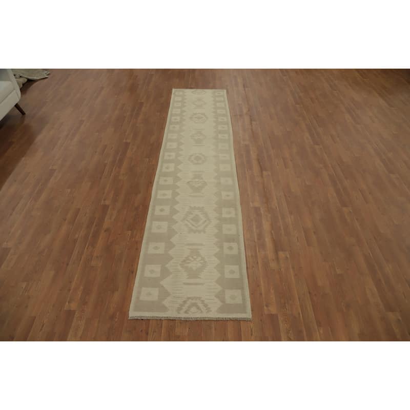 Hand Woven Oriental 100% Wool Carpet Southwestern Tribal Beige & Ivories Kilim Runner Rug - 11' 4'' X 2' 7''