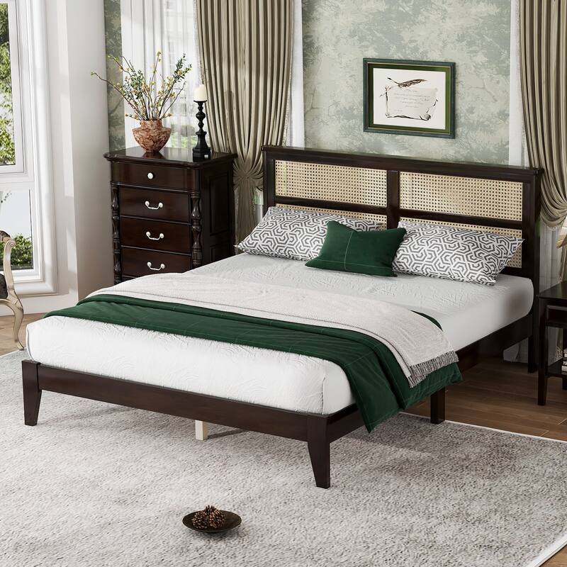 Platform Bed with Rattan Headboard, Wood Slats Support and Enhanced Support Legs - Optional Storage Bed with 2 Drawers
