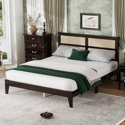 Queen Size Wood Platform Bed Frame with Rattan Headboard and Reinforced Support Feet