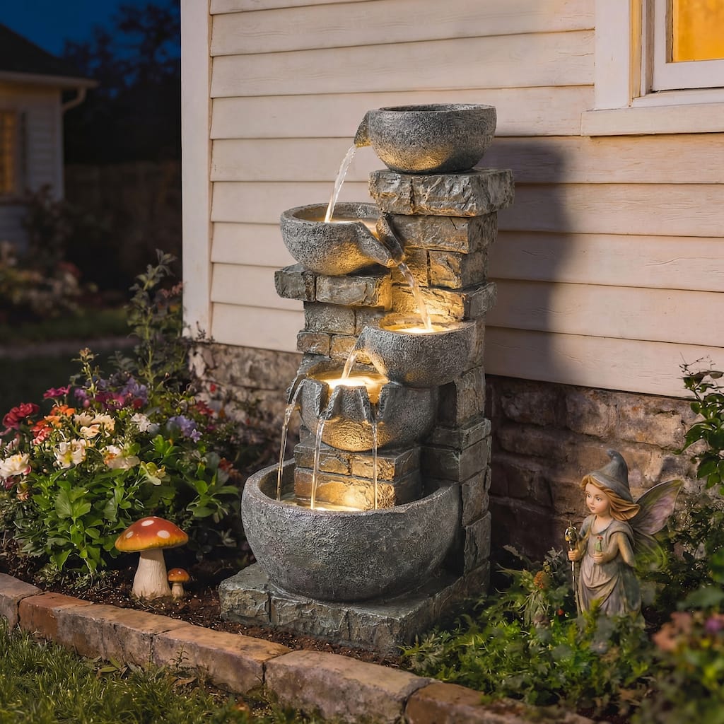 Outsunny Outdoor Water Fountain with Warm LED Lights, 31.5" Tall 5 Tiers Outdoor Cascading Water Feature