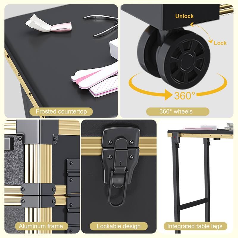 Portable Nail Art Table w/ LED Mirror, Bluetooth, Lockable Drawers, Telescopic Pole - Folding Manicure Station for Salons