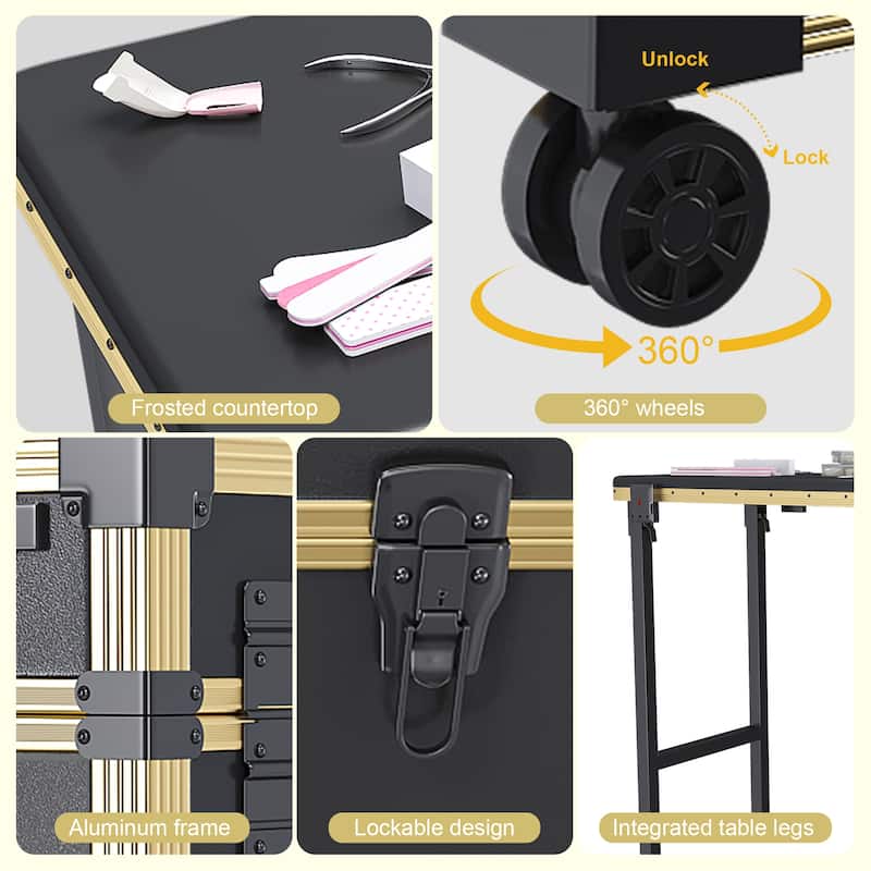 Roomfitters Portable Nail Table with LED Mirror, Lockable Drawers and Bluetooth, Folding Manicure Station on Wheels, Black