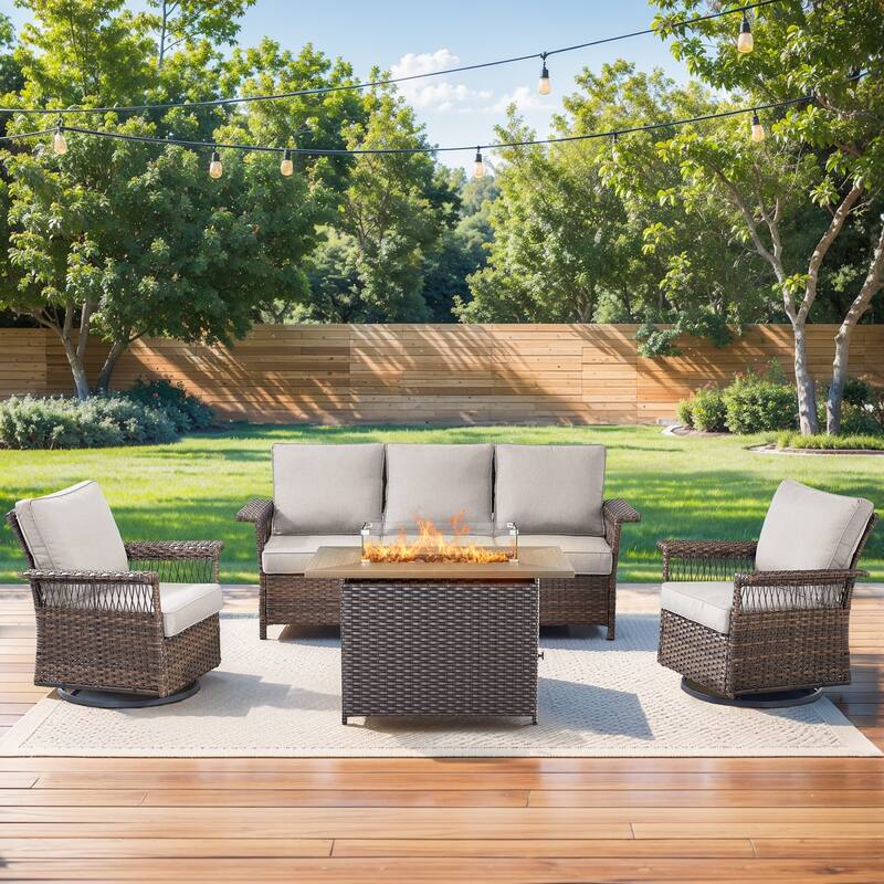 Pocassy 41 in Fire Pit Table with Patio Sofa Swivel Chair Set - Brown Wicker Beige Cushion - 4-Piece Sofa Swivel Chair with Fire Pit Table