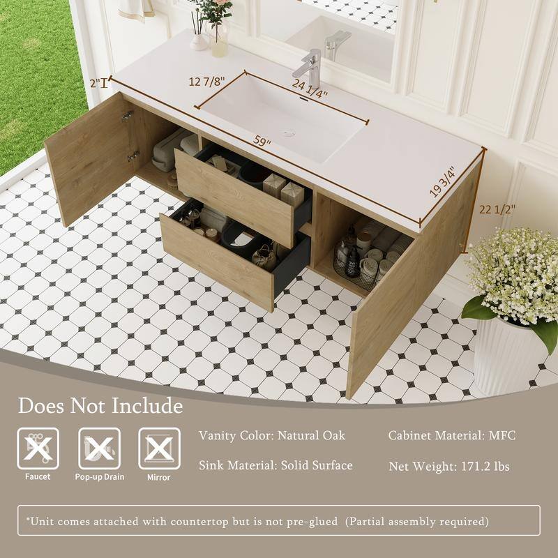 ABRUZZO 60" Floating Bathroom Vanity with Integrated Resin Top Basin 2 Cabinets 2 Soft Close Drawers Full Assembly
