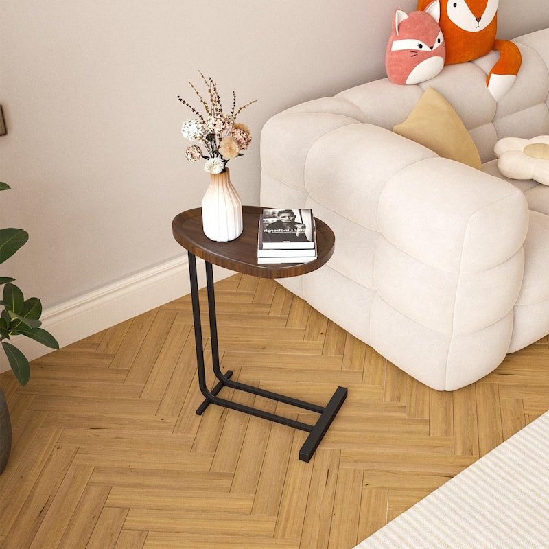 Sofa and Bedside C-Shaped Side Table, Wood C-Shaped End Table with Metal Frame Slide for Bedroom Living Room