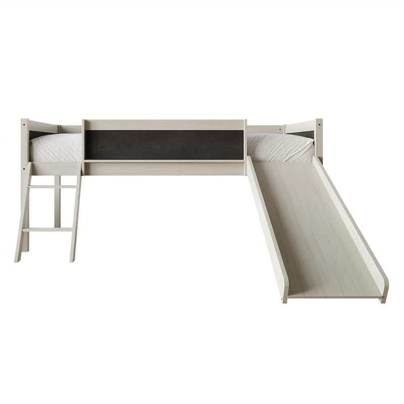 CraftPorch Classic Twin Low Loft Bed with Chalkboard, Slide and Ladder - Grey
