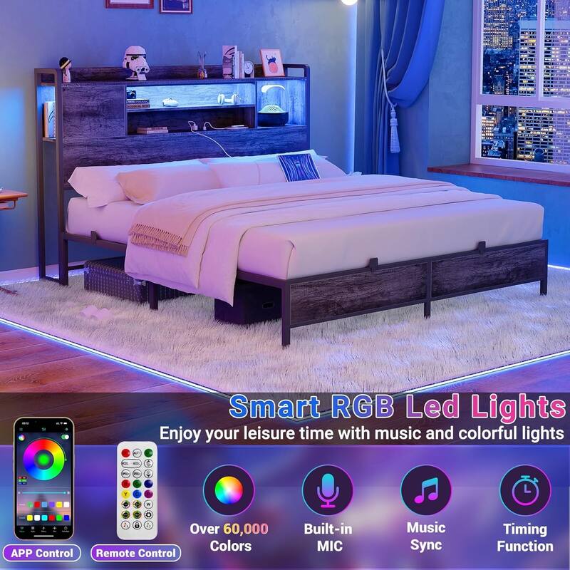 Platform Bed Frame with Reversible Storage Bookcase Headboard and Charging Station and RGB LED Lights