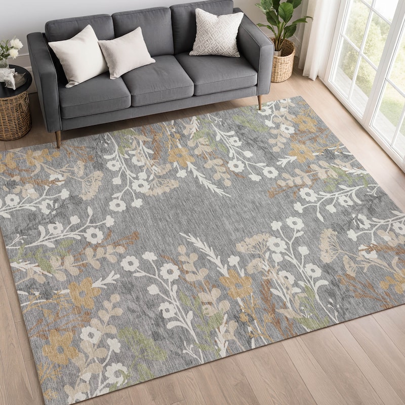 Machine Washable Indoor/ Outdoor Floral Border Chantille Rug