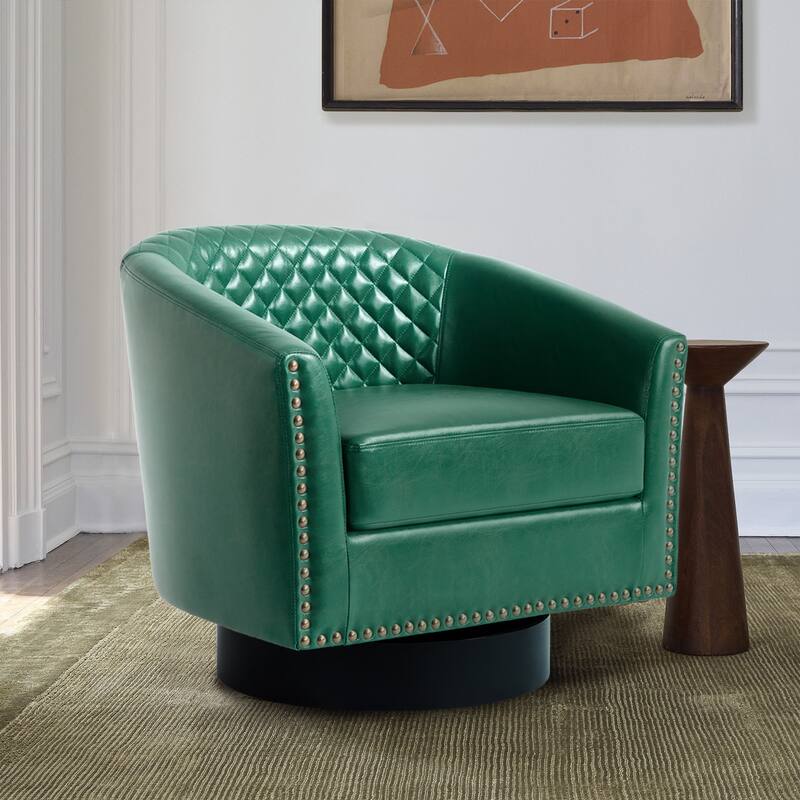 Tufted PU Vegan Leather Swivel Barrel Chair with Nailheads Trim