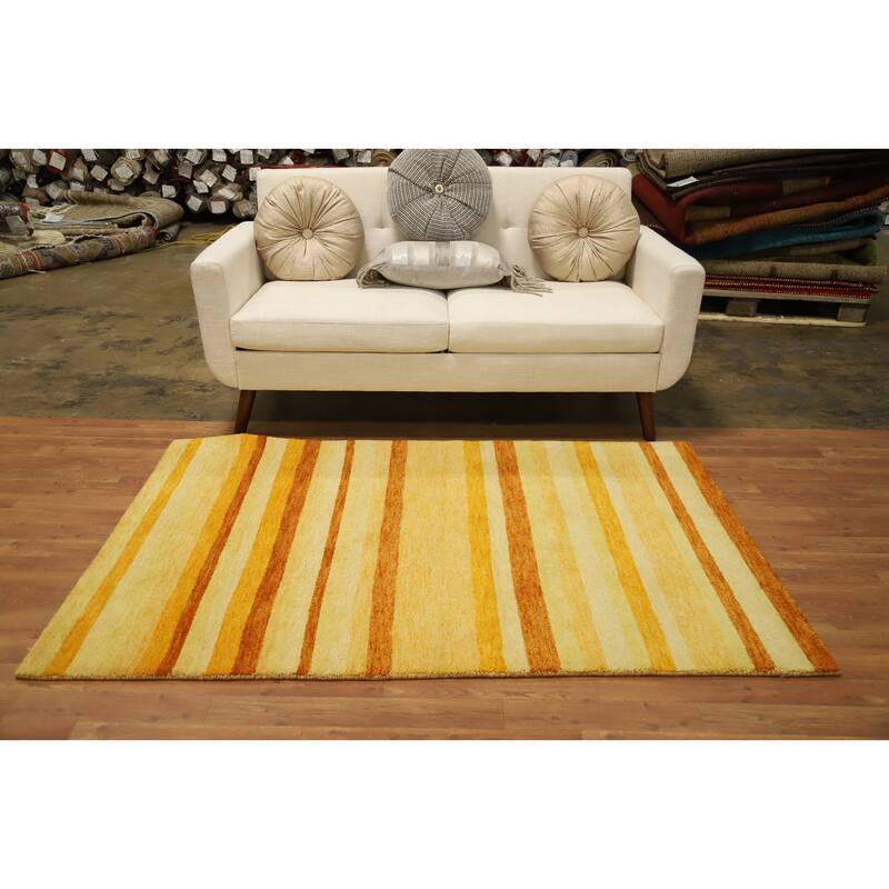 Hand Knotted Oriental 100% Wool Carpet Modern Stripe Yellow & Gold Gabbeh Area Rug - 5' 9'' X 3' 10''