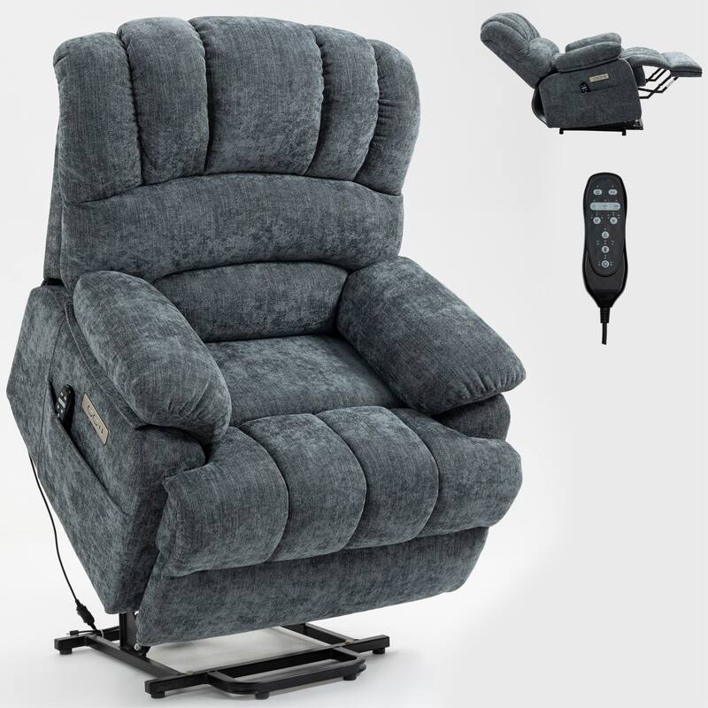 Roomfitters Oversized Power Lift Recliner Chair, Electric Massage Sofa with Heat, Large Chenille Stand Up Armchair, Blue Grey