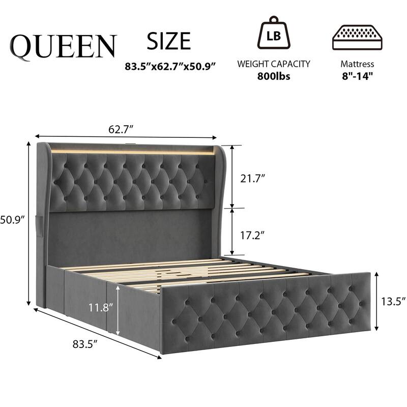 Velvet Upholstered Platform Bed Frame, with LED Lights/Charging Station/Wingback Headboard